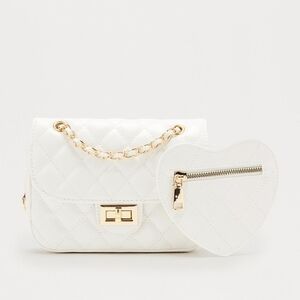 Fashion Nova White Quilted Crossbody Bag with Heart Pouch